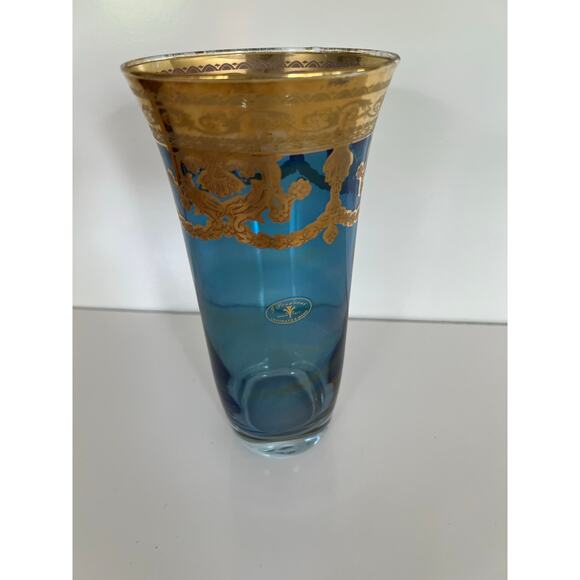 Vintage J Preziosi Lavorato a Mano Italian Blue Glass Vase Gold Overlay JL - Picture 1 of 11